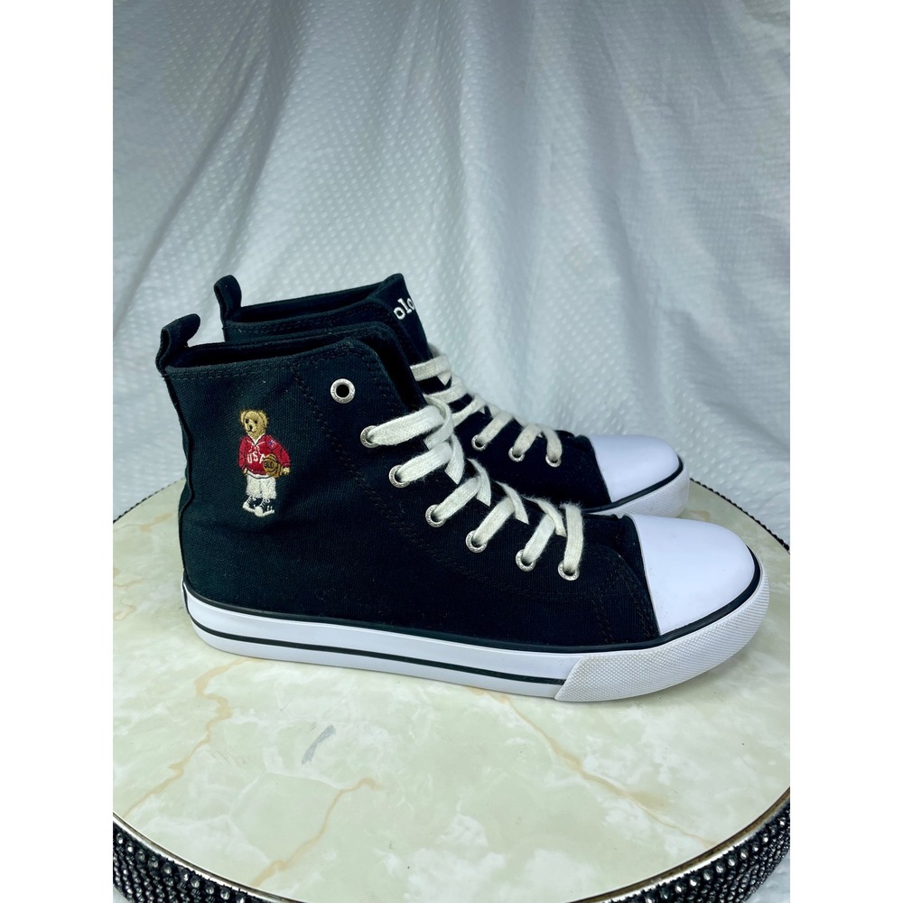 Polo Ralph Lauren Hamptyn Hi II Bear Hi Top Sneakers Y5 W6.5 Black Canvas Shoes